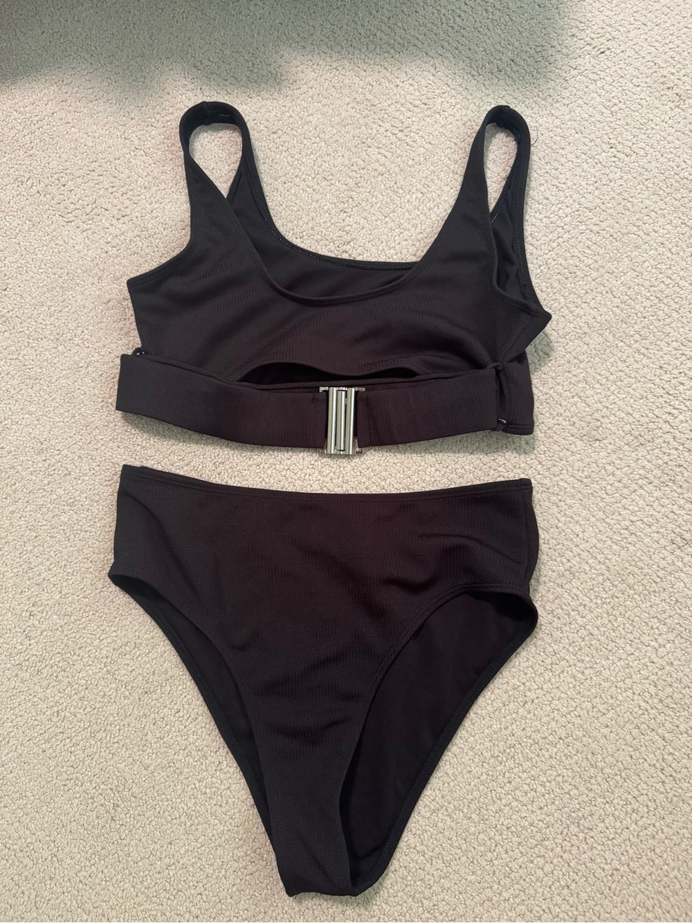 Black Ribbed Bikini Set with Metal-Front Top